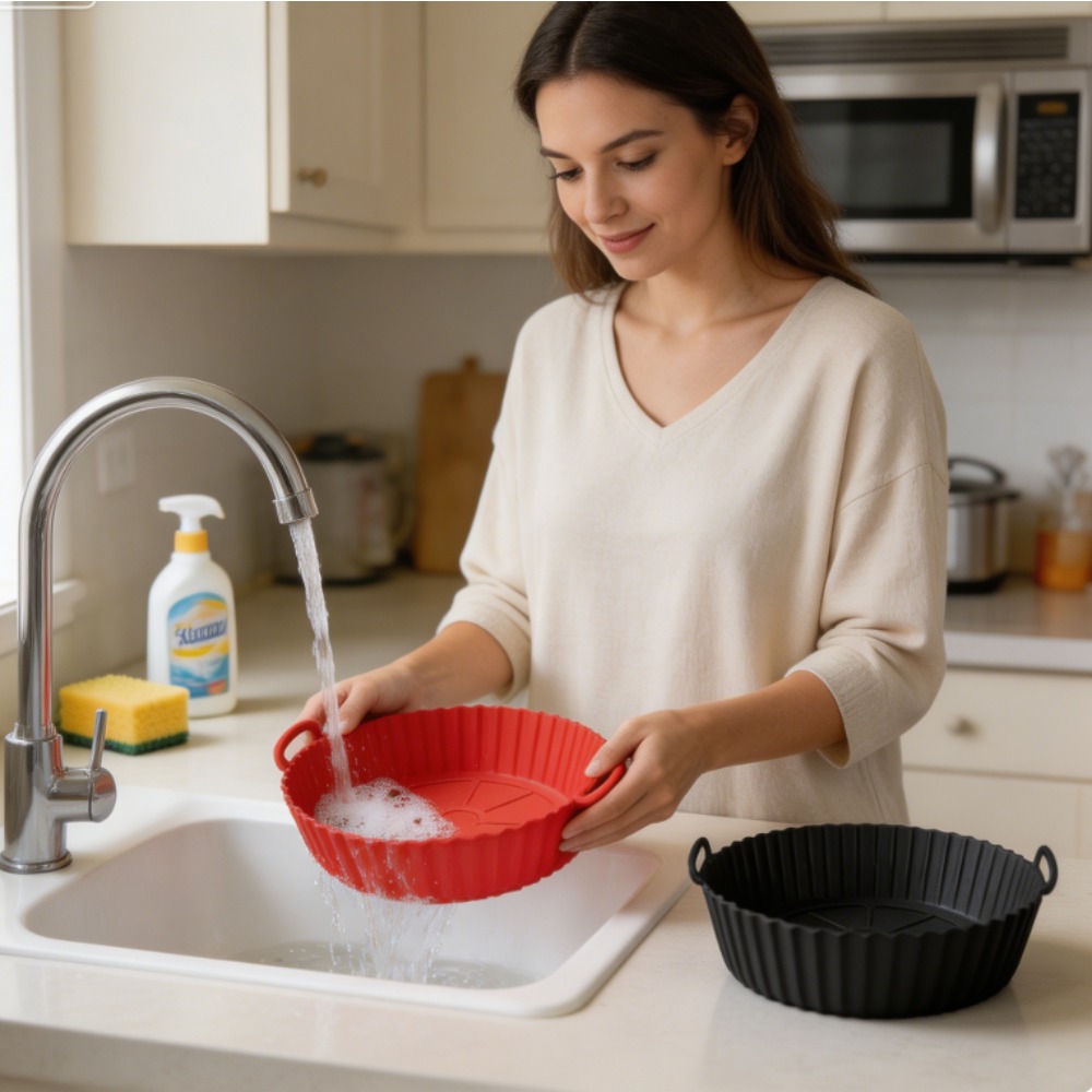 Heat Resistant Mat - ถาดรองอบซิลิโคนทรงกลมสำหรับหม้อทอดไร้น้ำมัน ทนความร้อน ใช้ซ้ำได้ ไม่ติดกระทะ พร้อมหูจับ